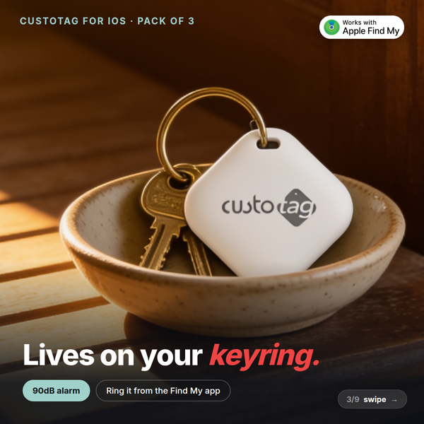 CustoTag for iOS on a keyring with house keys. 90dB alarm, ring it from the Find My app.
