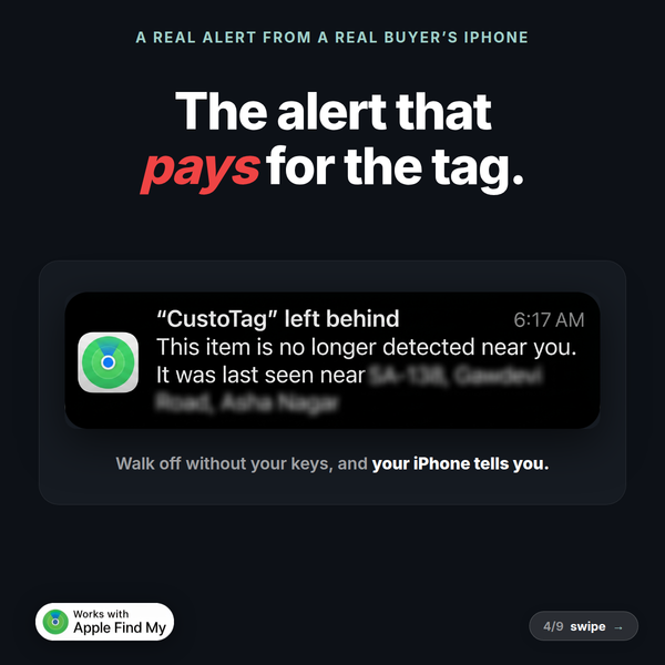 Real iPhone left-behind alert from CustoTag: item no longer detected near you, with last seen location.