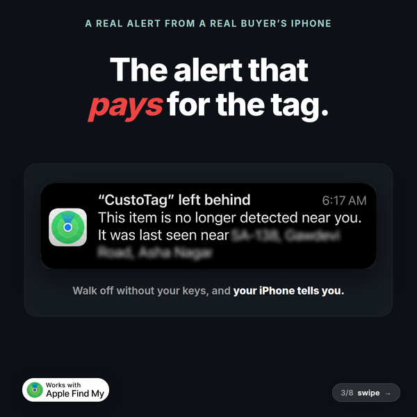 Real iPhone left-behind alert from CustoTag: item no longer detected near you, with last seen location.